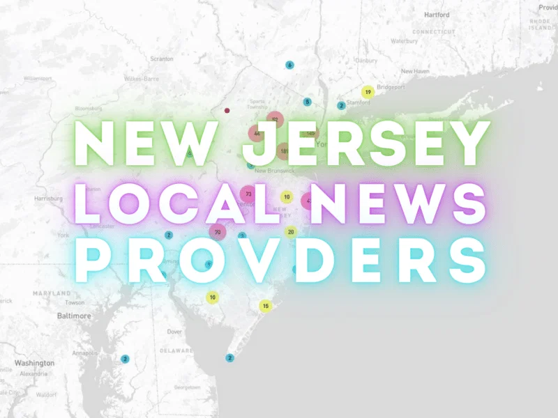 A map showing the state of New Jersey highlighted in purple against a light gray background of surrounding states. White bold text reading "NEW JERSEY LOCAL NEWS PROVIDERS" overlays the map with a gradient effect from green to purple to blue. Small colored circles with numbers mark the locations of various news outlets throughout New Jersey and neighboring areas.