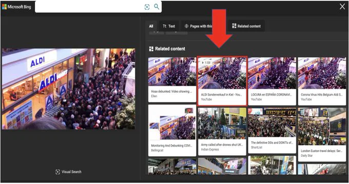 bellingcat-verification Decoration only: A screenshot of a series of fake social media claims and posts with a red arrow pointing at a tile indicating the original image.