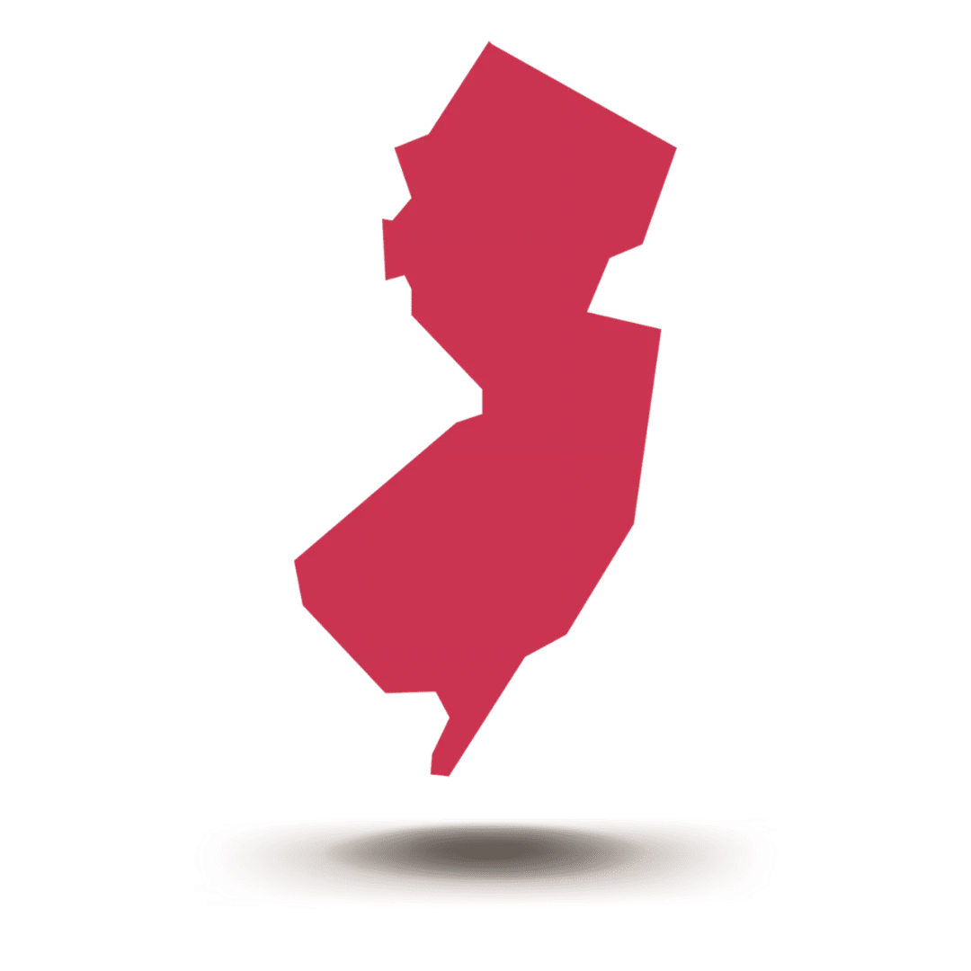 A floating red silhouette of the state of New Jersey.